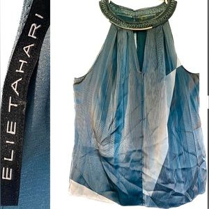 Vintage Ellie Tahari Silk Medium Old Money Y2K Braided Halter Neckline Deep Teal